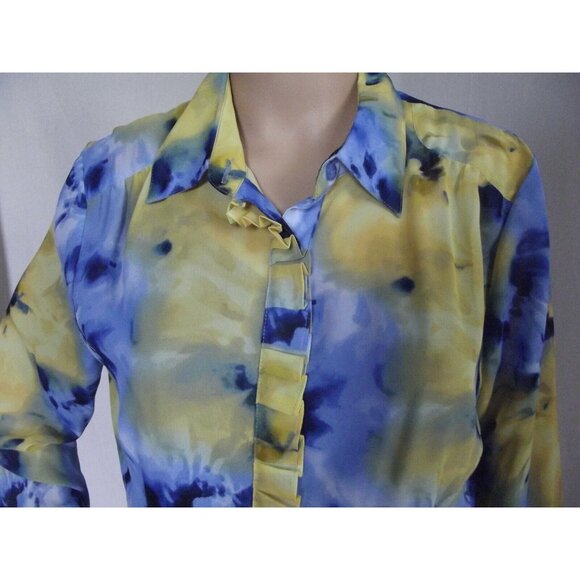 Evan Picone Shirt Tank Set Womens Sz12 Blouse Blue Yellow Button watercolor 2-pc - Picture 4 of 10